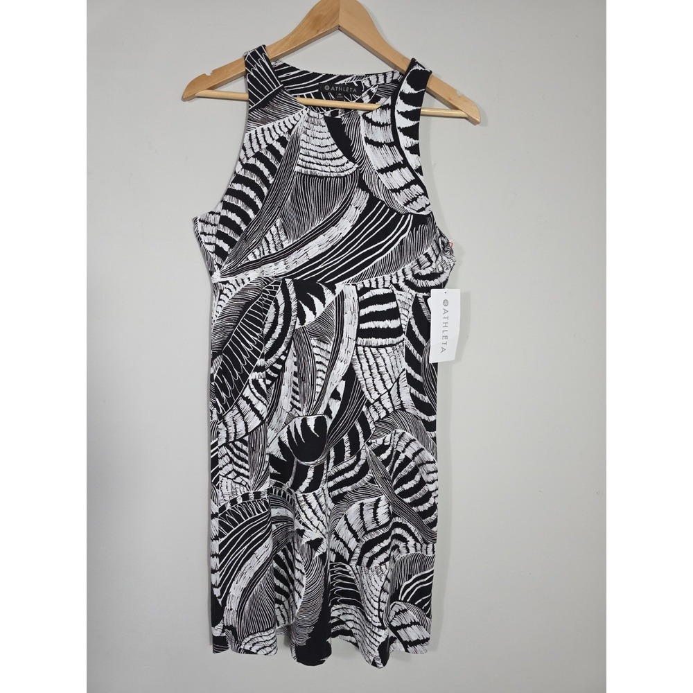 Athleta Santorini Dress Medium Black White Print Stretch Sleeveless UPF - Picture 2 of 9
